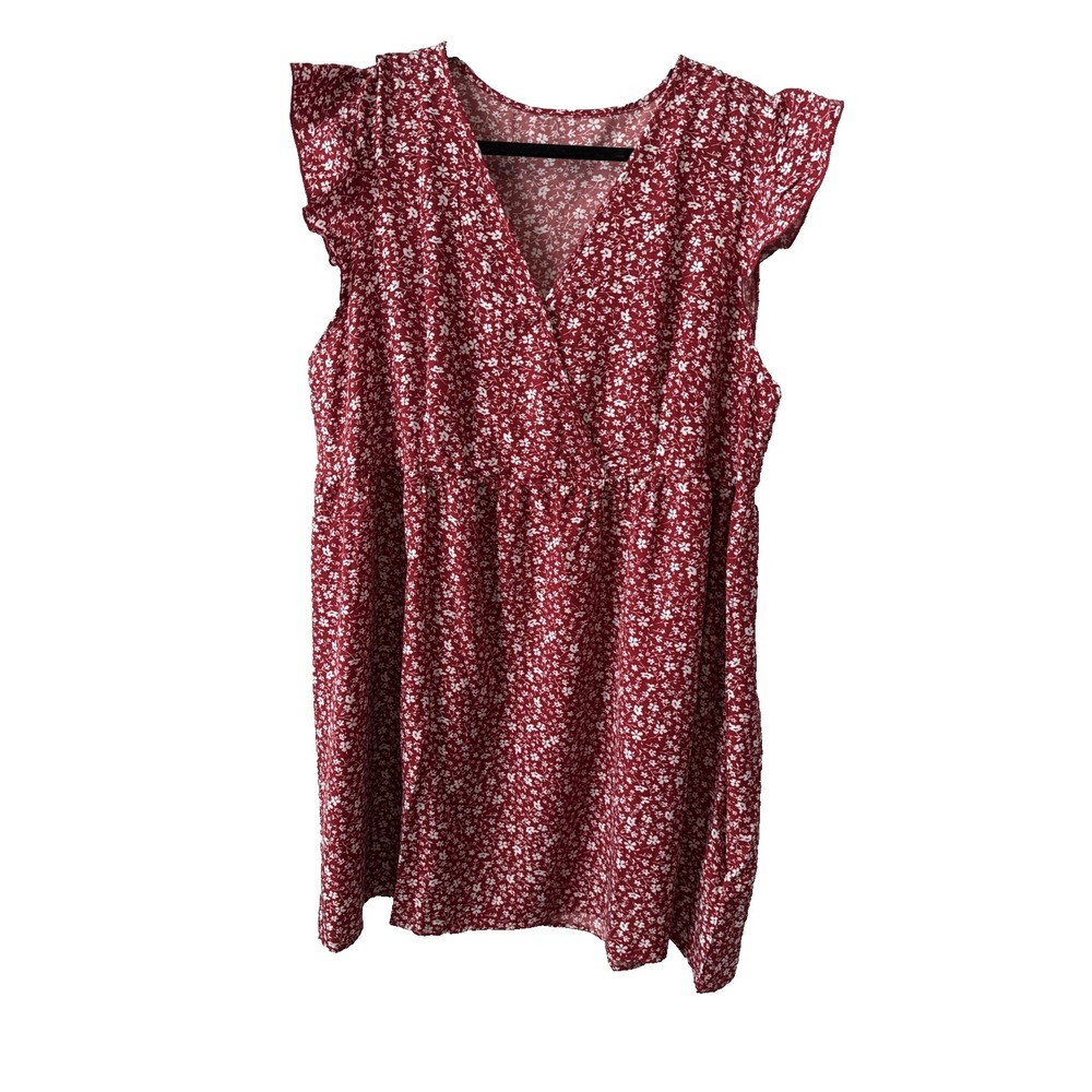 Cottagecore Boho Red Ditsy Flutter Sleeve V Neck Dress Womens 2XL Prairie Summer